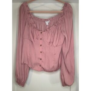 NEW And Now This Womens Pink Puff Sleeve Button Front Peplum Blouse Top Medium